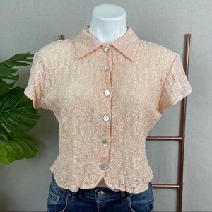 Vintage Express Pale Peach Lace Crop Button Down (Sz Large)